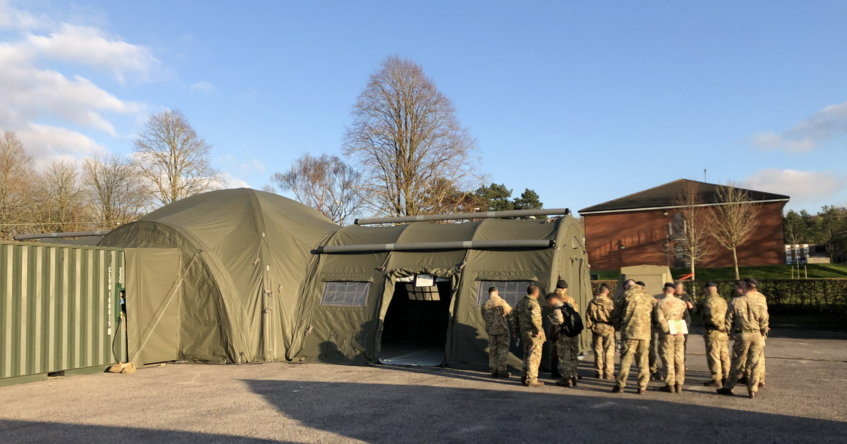 Military Tent - Command Post. 3 Heavy duty inflatable tents plus an ISO container and a connecting module to make an X shaped building