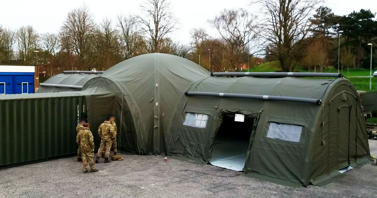 Military Command Post Tents. 3 Heavy duty inflatable tents plus an ISO container and a connecting module